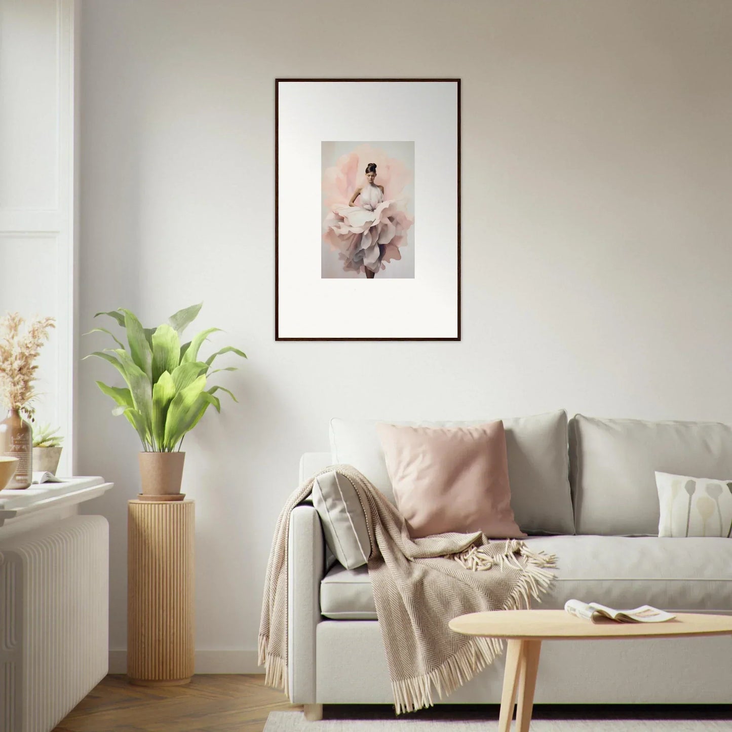 Framed wall art of a ballet dancer in soft pink, part of Ephemeral Blush Bloom