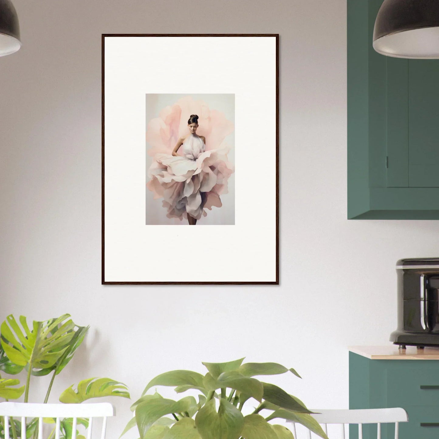 Framed wall art of a figure in white fabric on a soft pink backdrop, Ephemeral Blush Bloom