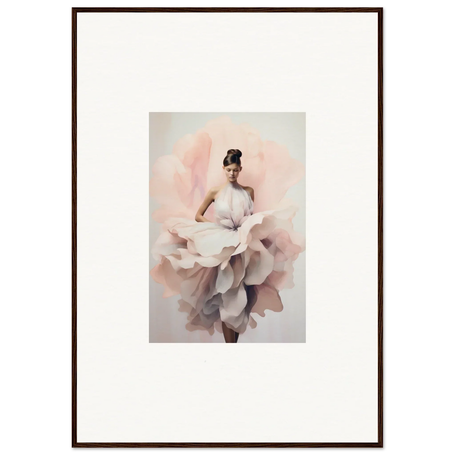 Figure in flowing dress blends into soft pink petals of Ephemeral Blush Bloom art