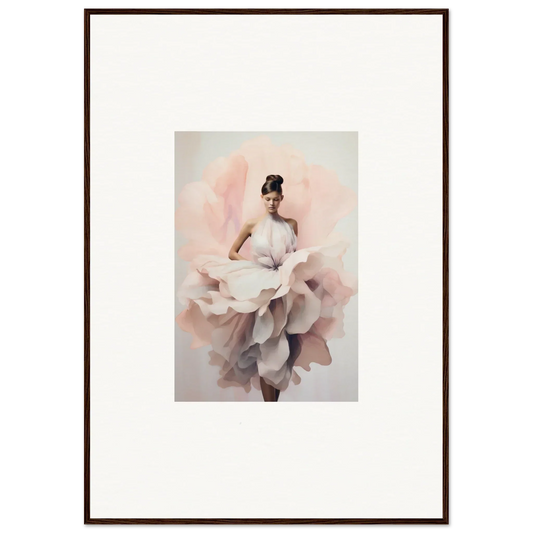 Figure in flowing dress blends into soft pink petals of Ephemeral Blush Bloom art