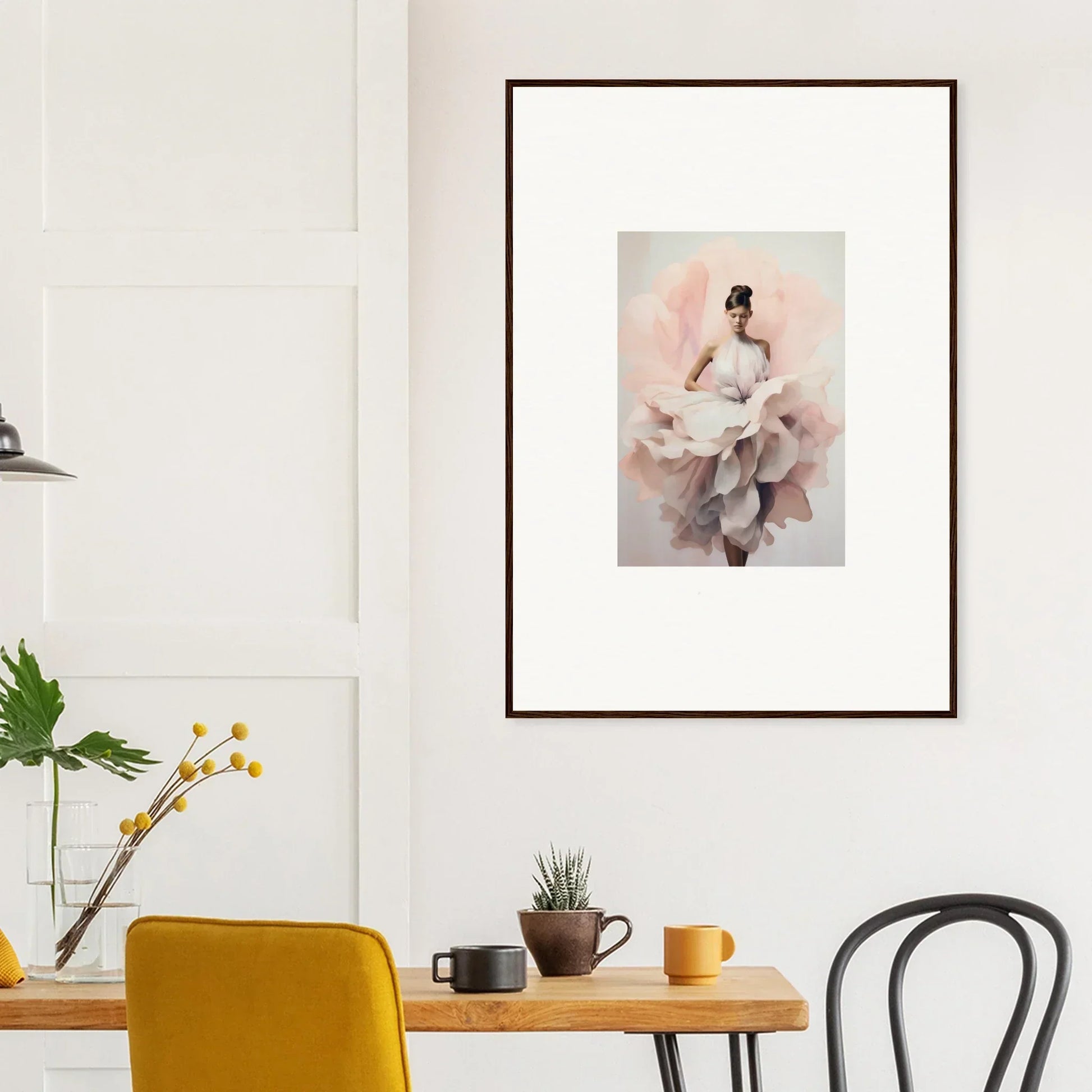 Framed wall art of a dancer in white on pink, part of Ephemeral Blush Bloom collection