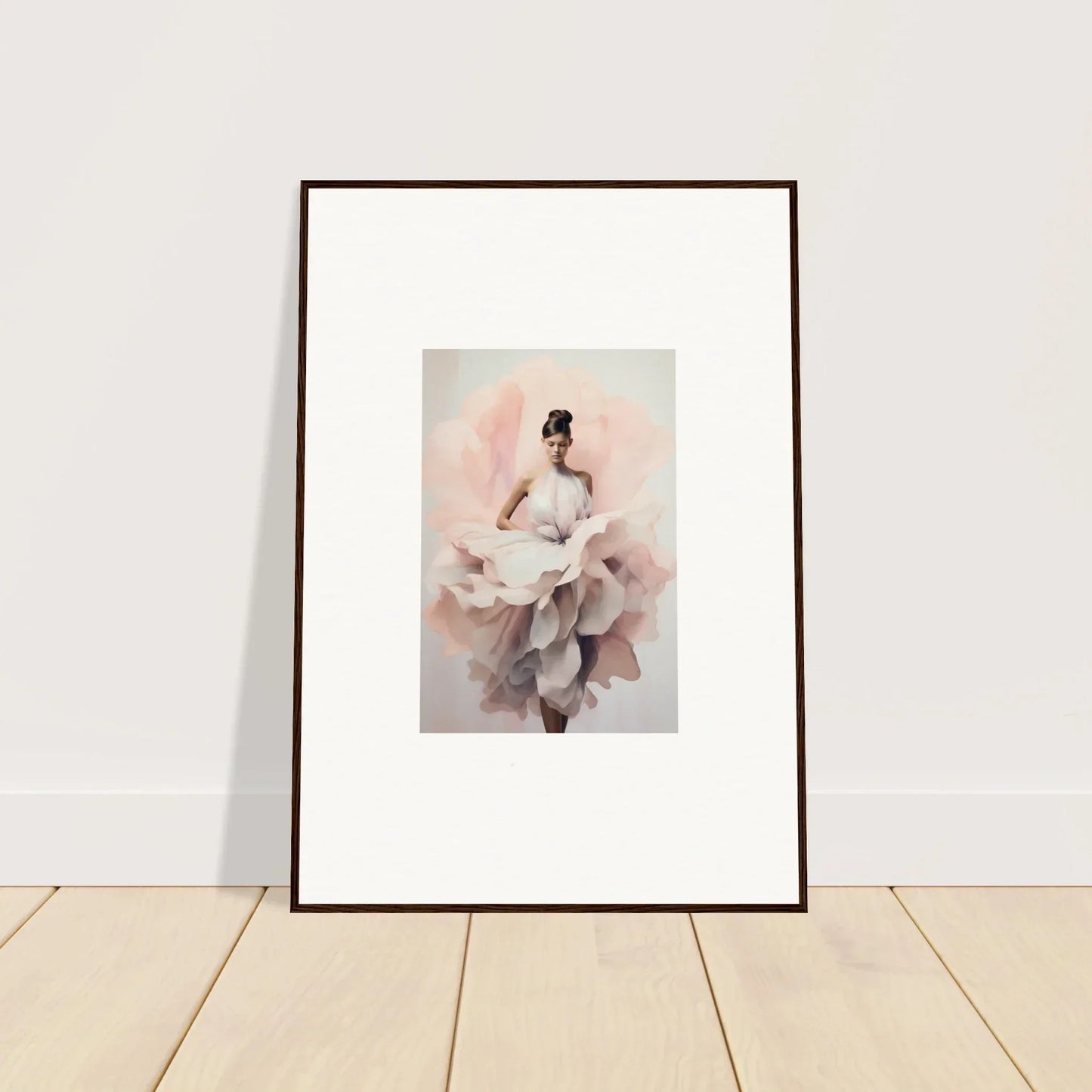 Framed wall art of a figure in white fabric, part of the Ephemeral Blush Bloom series