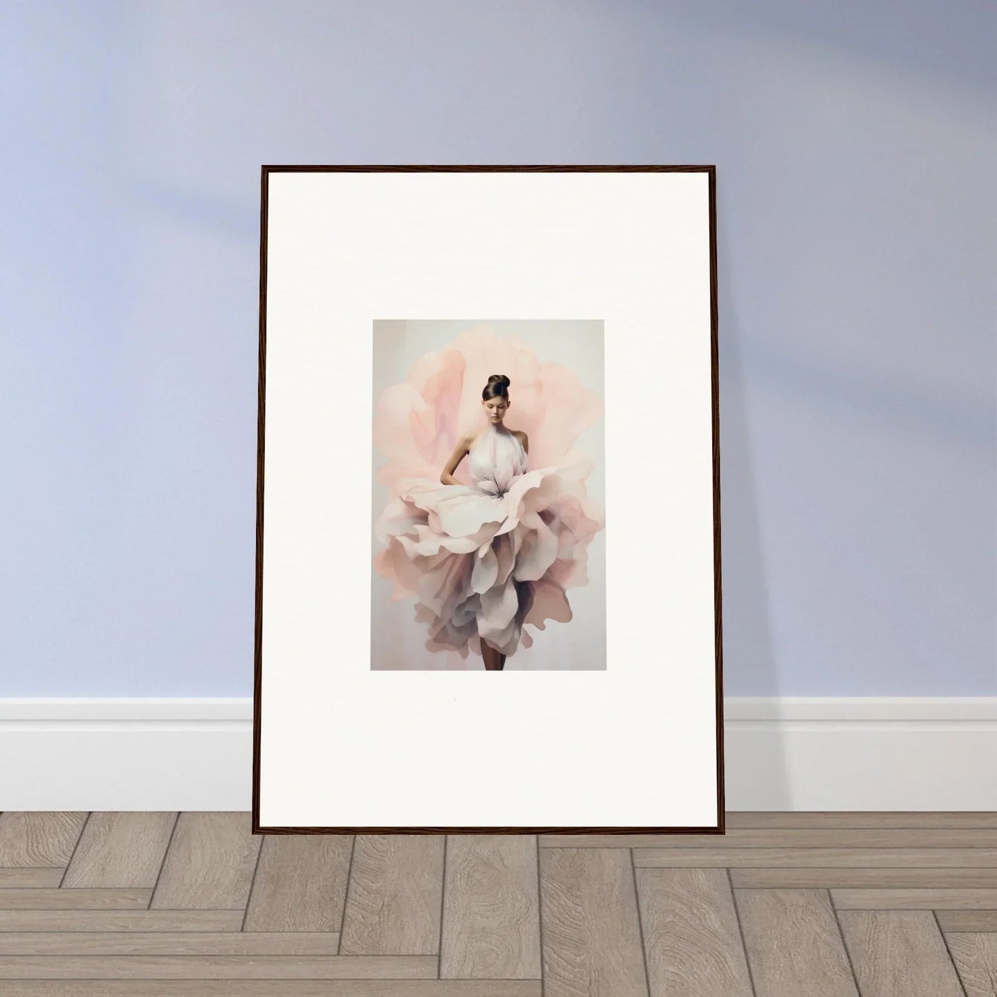 Framed wall art featuring a figure in a flowing white dress from Ephemeral Blush Bloom