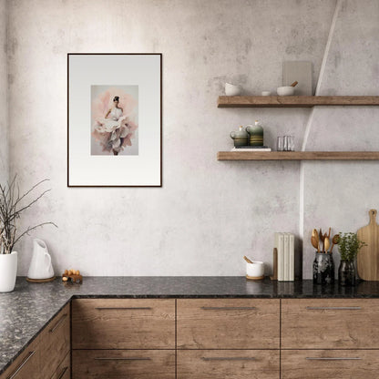 Modern kitchen with wooden cabinets and dark stone countertops featuring Ephemeral Blush Bloom