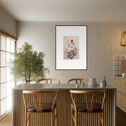 Minimalist dining table with wooden chairs and a potted tree near Ephemeral Blush Bloom