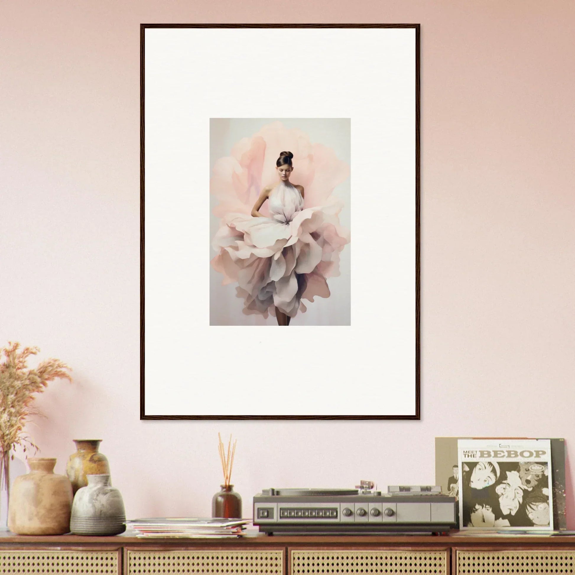 Framed wall art of a dancer in a pink dress, perfect for Ephemeral Blush Bloom fans