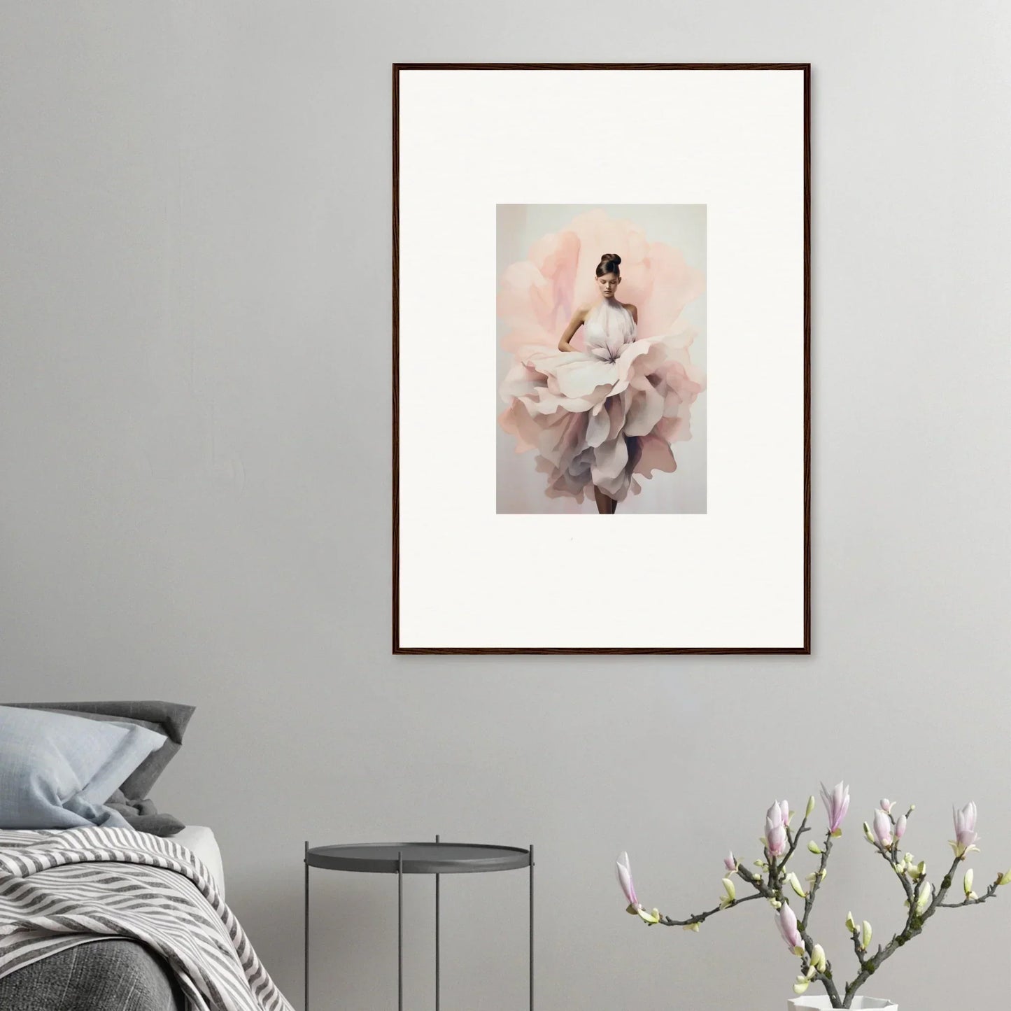 Framed wall art of Ephemeral Blush Bloom, featuring a dreamy watercolor figure in pink and gray