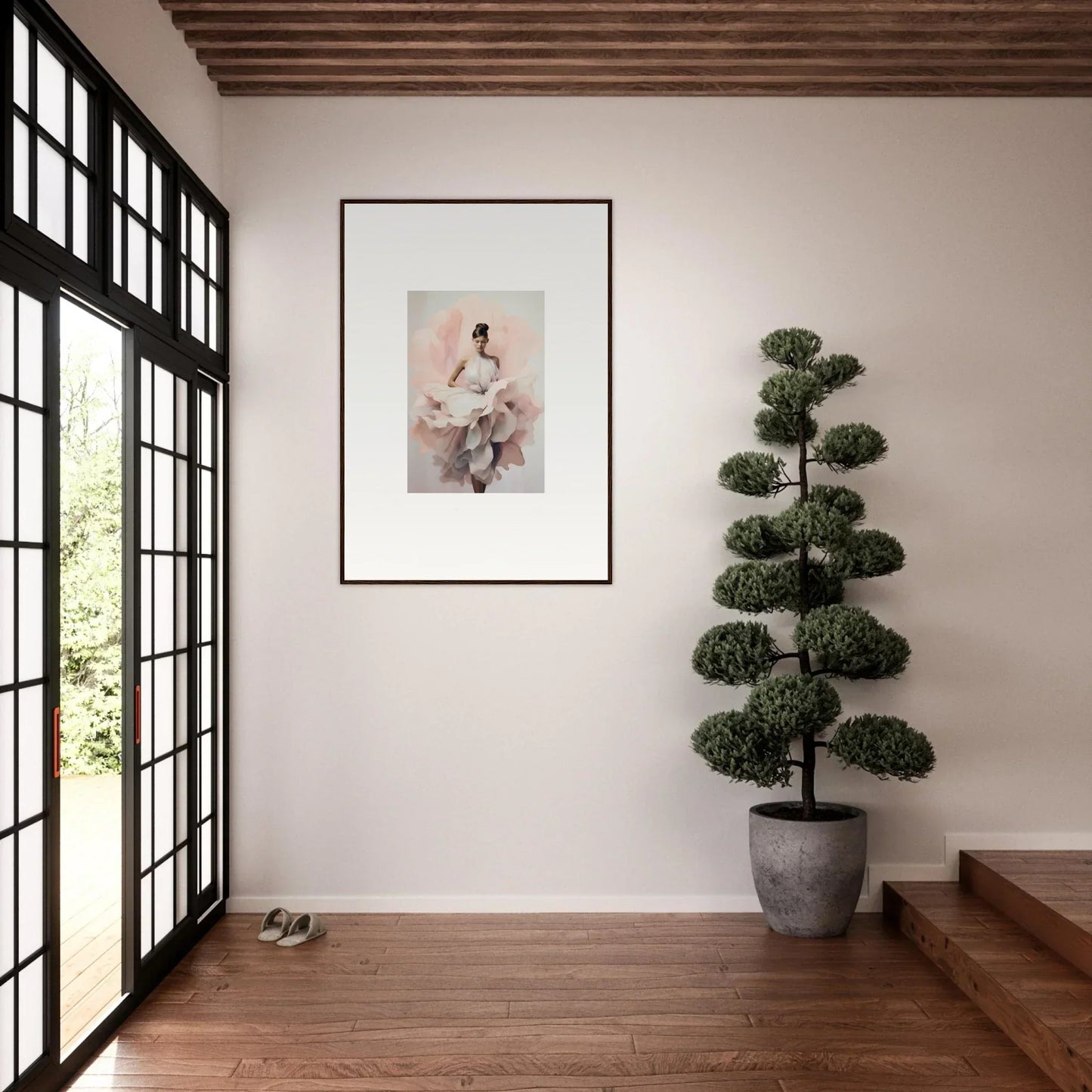 Framed wall art of Ephemeral Blush Bloom with a soft pink figure on a light background