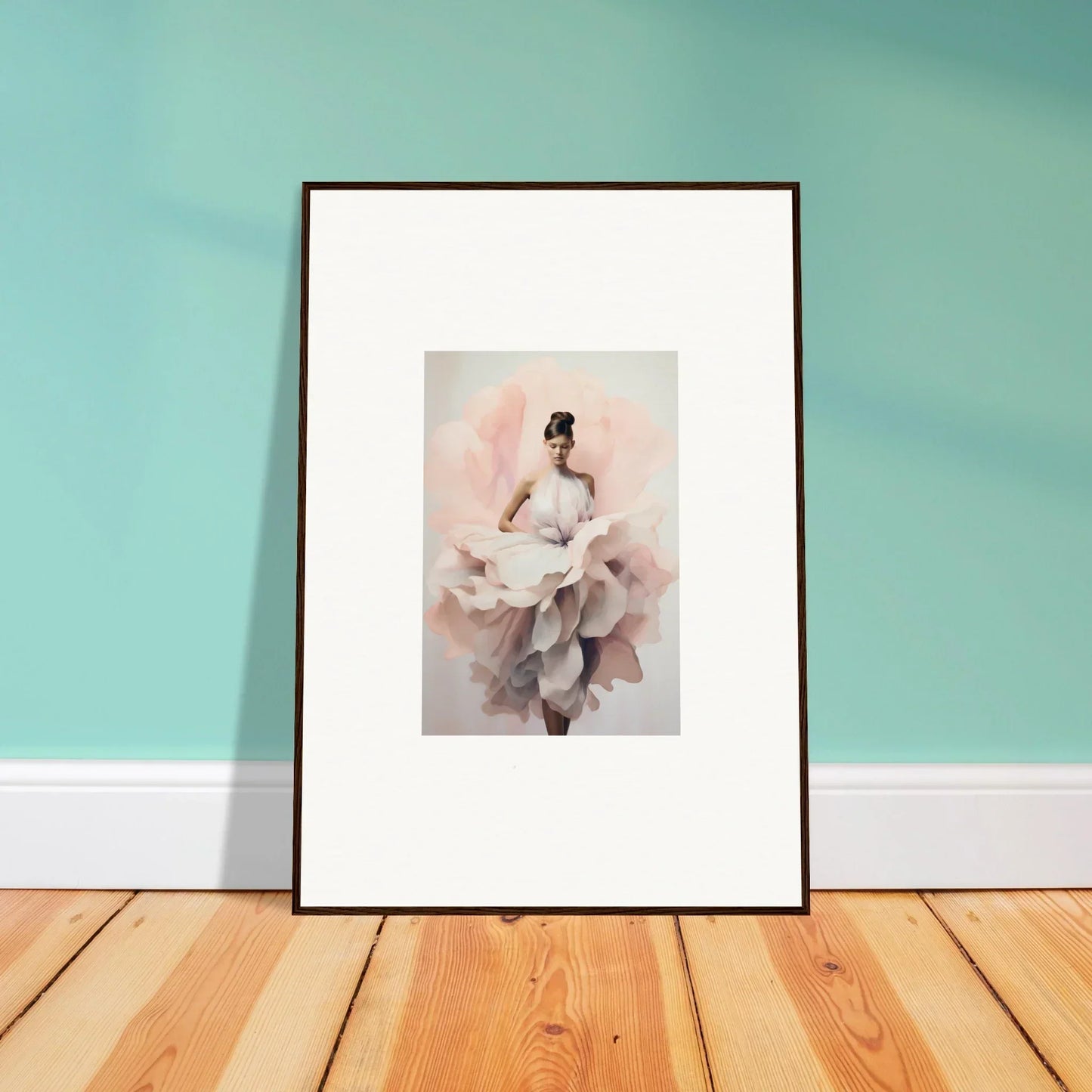 Framed wall art of a figure in white on pink, perfect for Ephemeral Blush Bloom theme