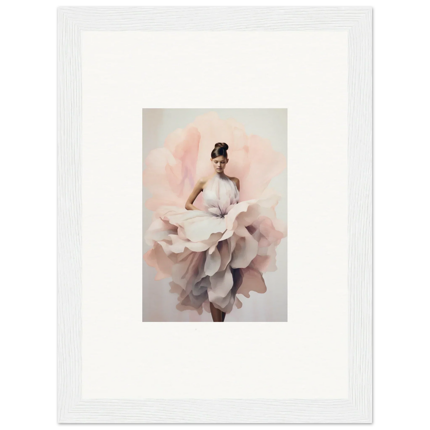 Ethereal figure in flowing pink dress, showcasing Ephemeral Blush Bloom framed wall art