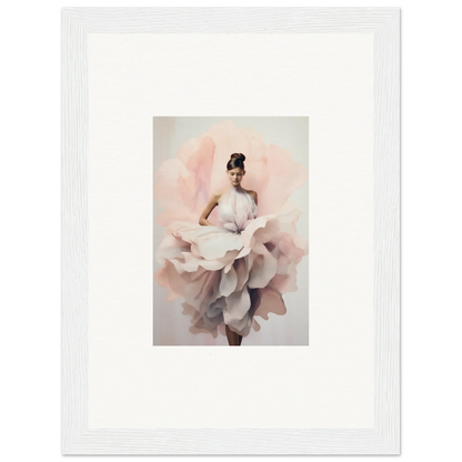 Ethereal figure in flowing pink dress, showcasing Ephemeral Blush Bloom framed wall art