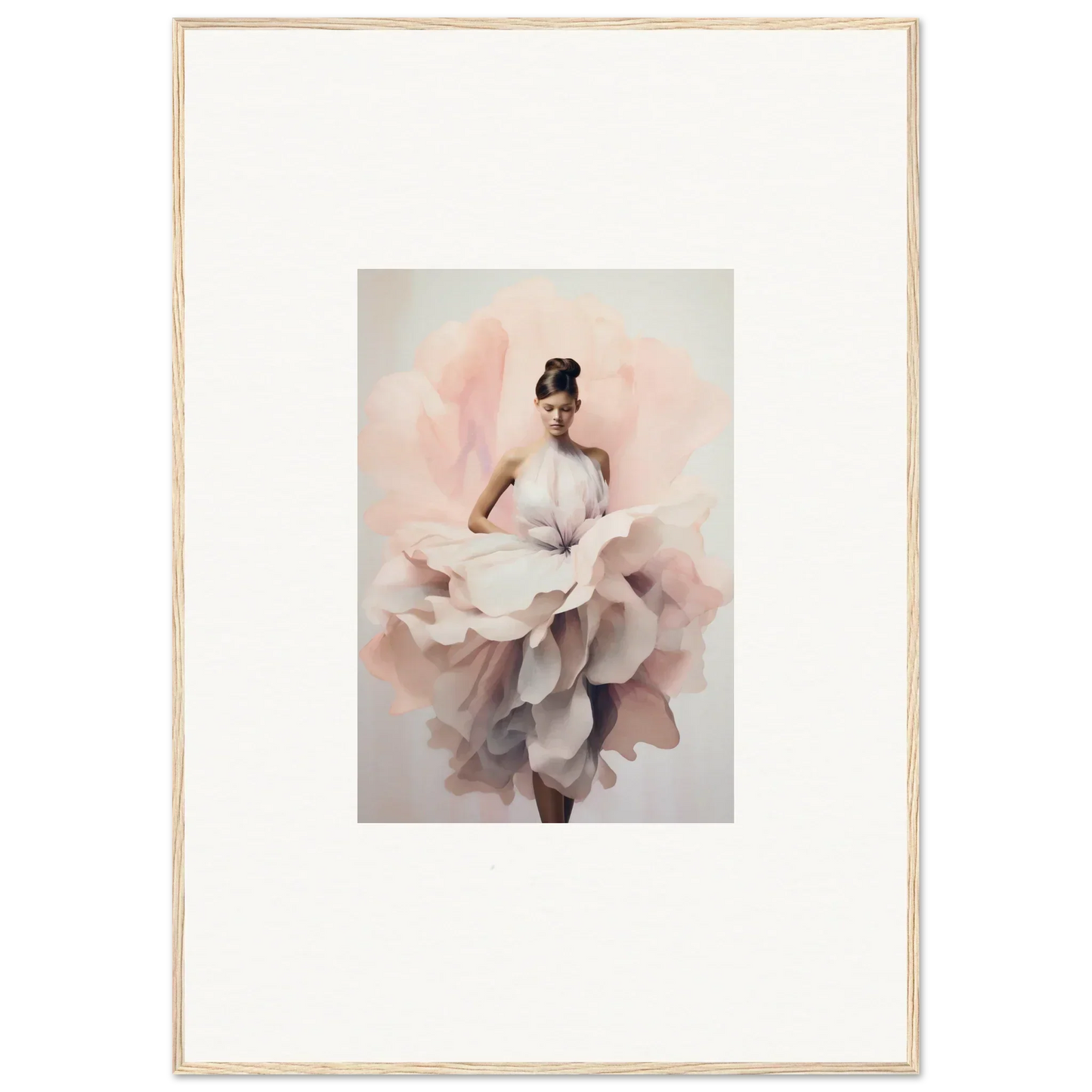 A figure in a flowing white dress inspired by Ephemeral Blush Bloom framed wall art