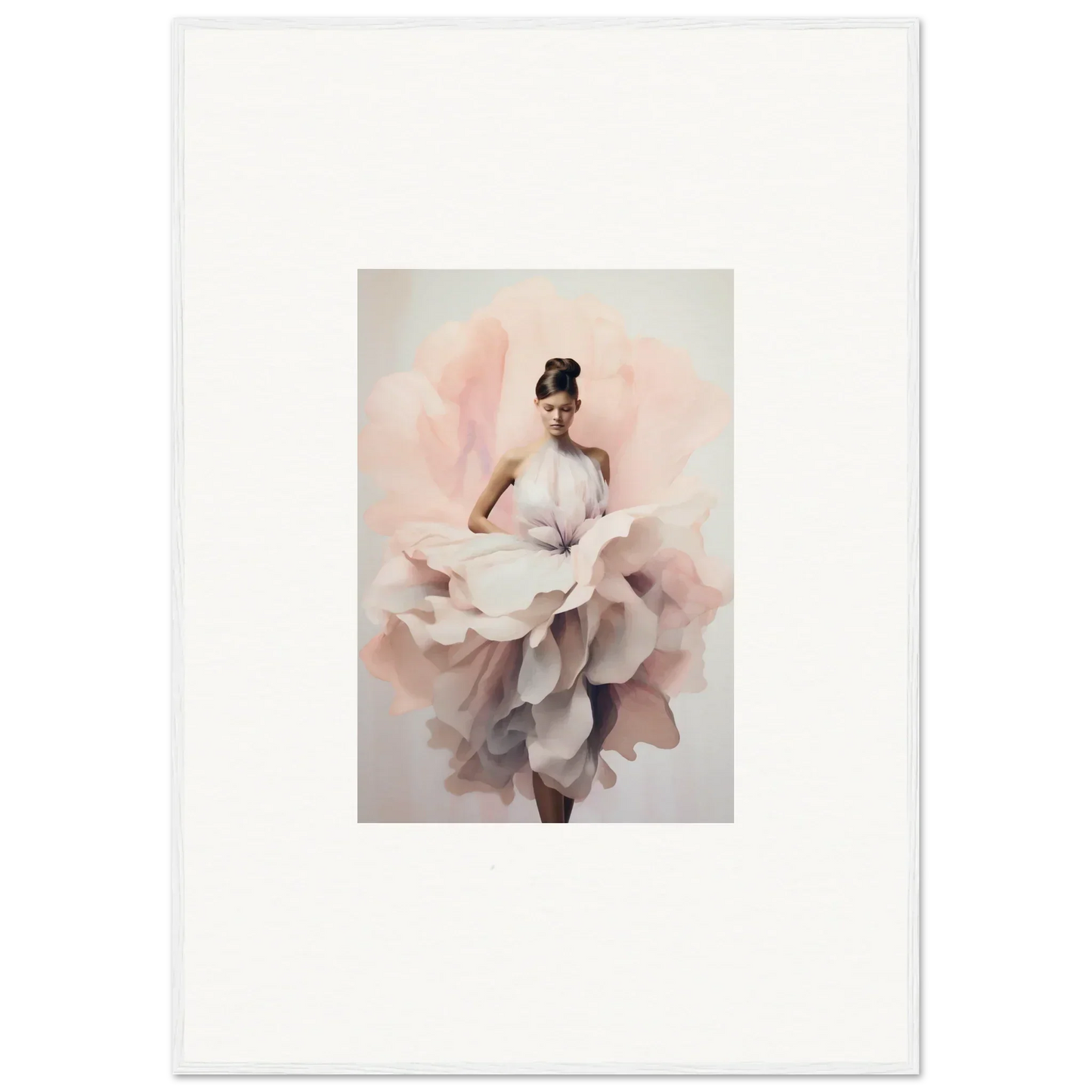 Elegant figure in flowing rose petal dress from Ephemeral Blush Bloom framed wall art