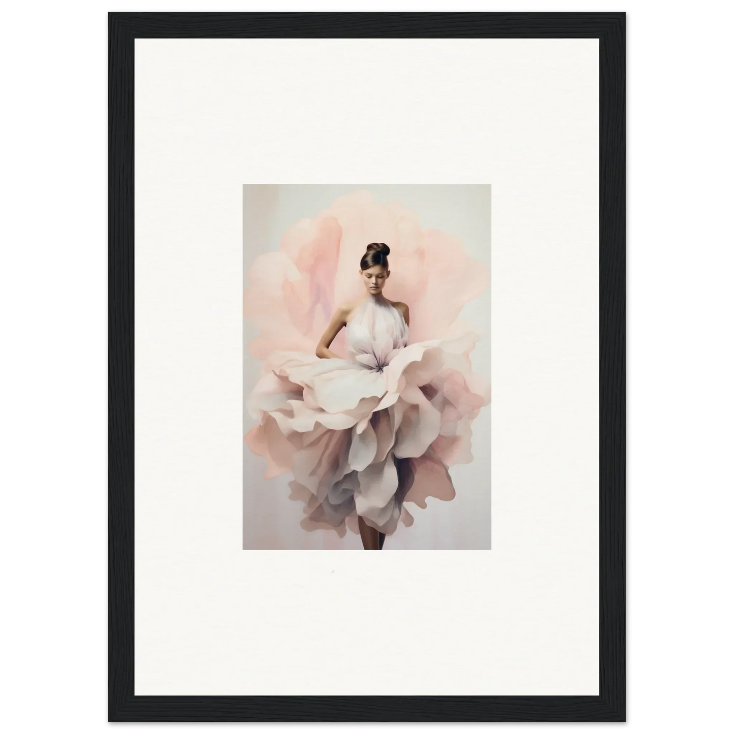 Dancer in a flowing dress like rose petals, showcasing Ephemeral Blush Bloom art