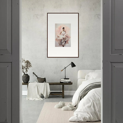 Framed wall art of a ballet dancer in soft pink tones, Ephemeral Blush Bloom