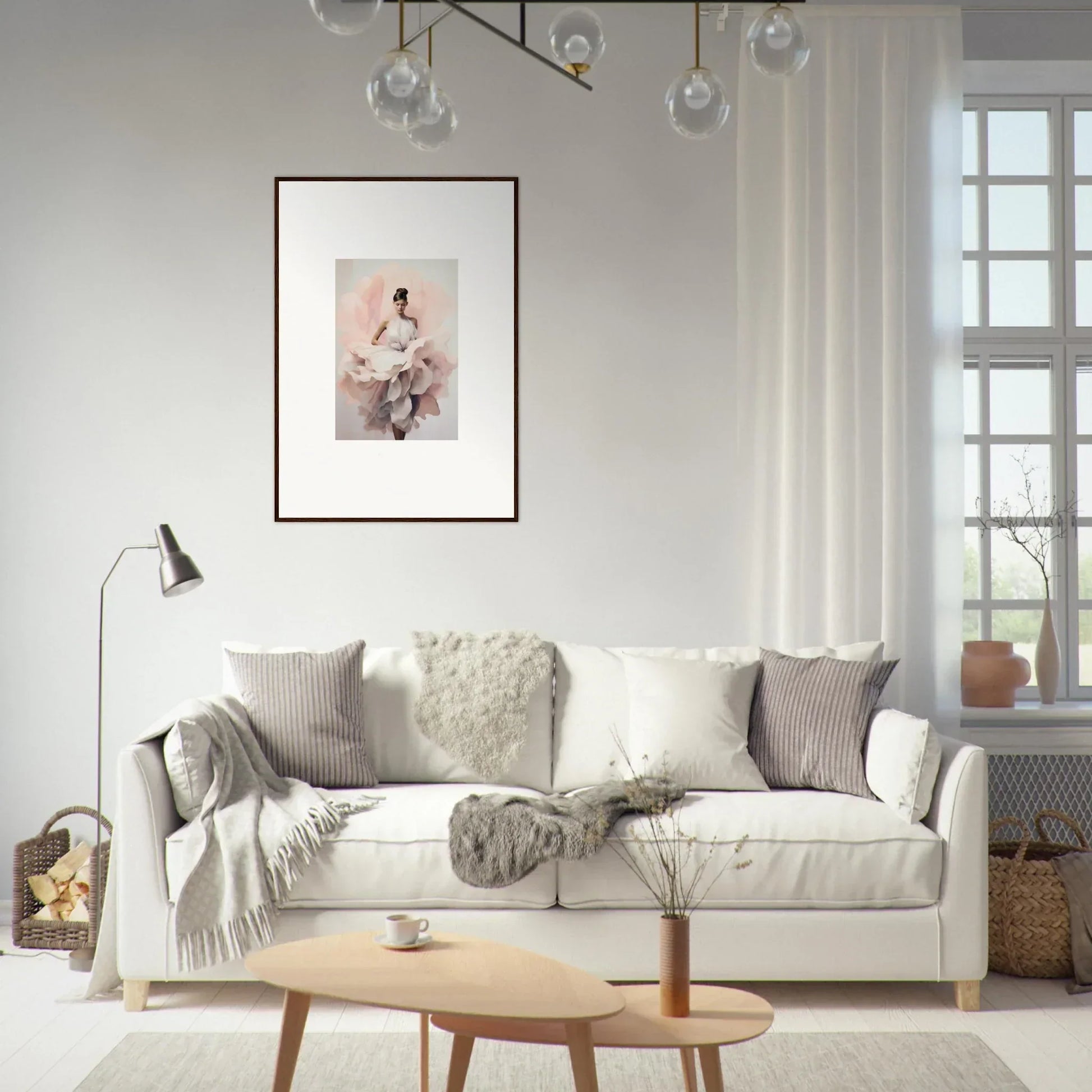 Cozy White Sofa with Gray and Cream Pillows for Ephemeral Blush Bloom Vibes