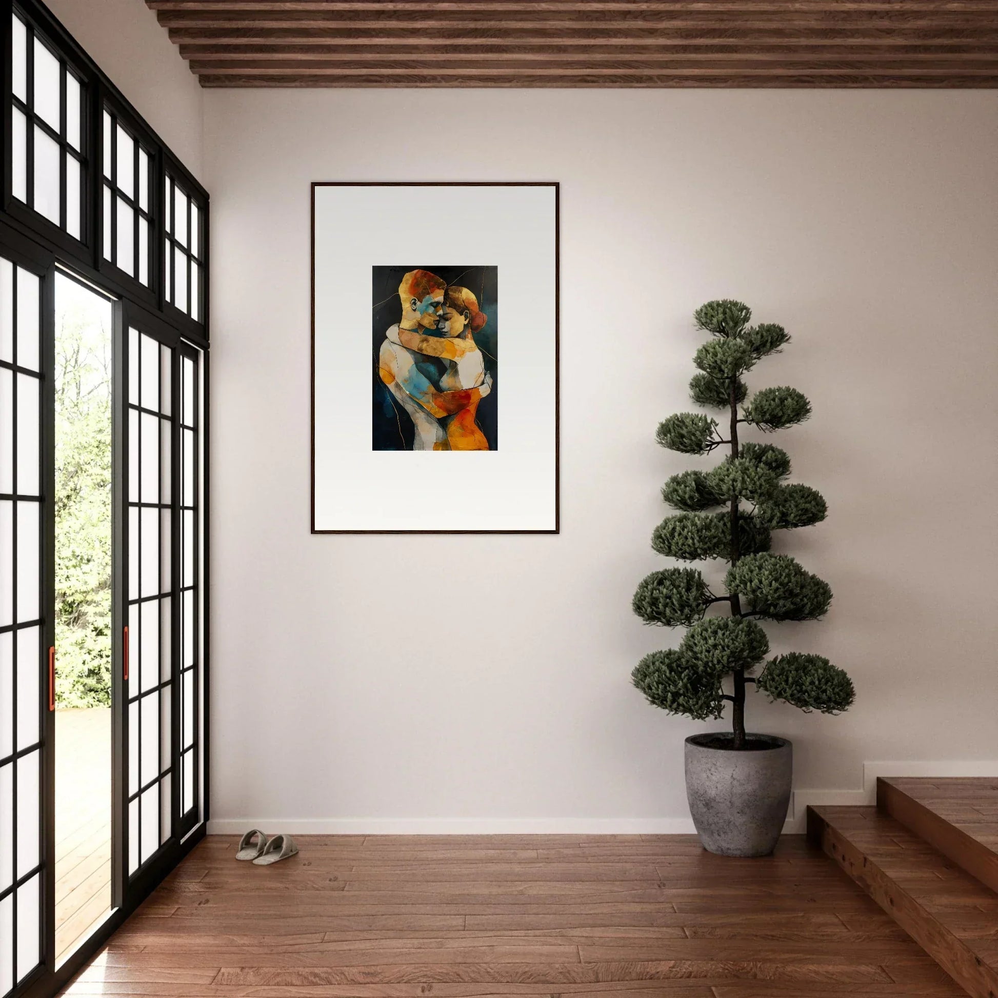 Framed wall art of vibrant orange and blue abstract portrait for room decor Bondscreen Embrace