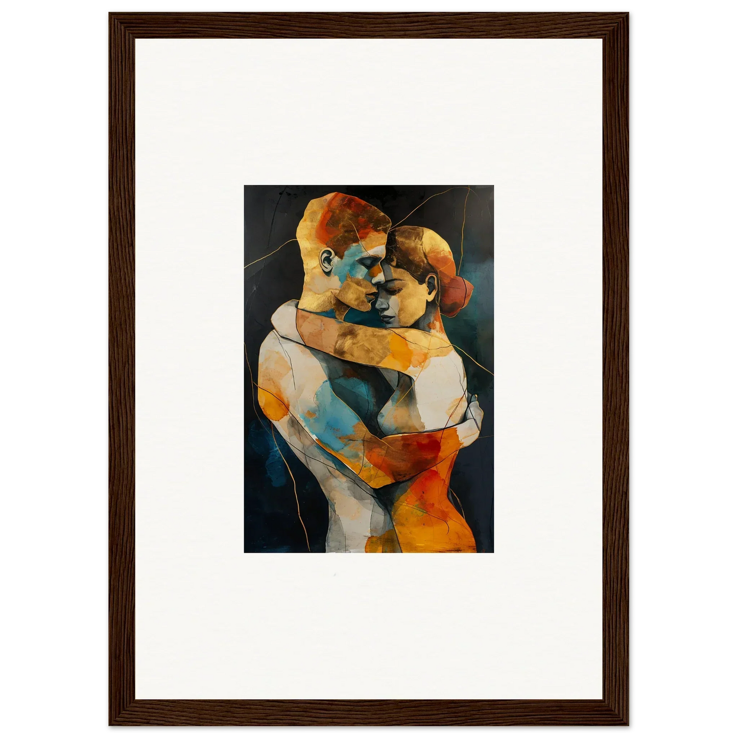 Abstract painting of two embracing figures in vibrant colors for Bondscreen Embrace room decor