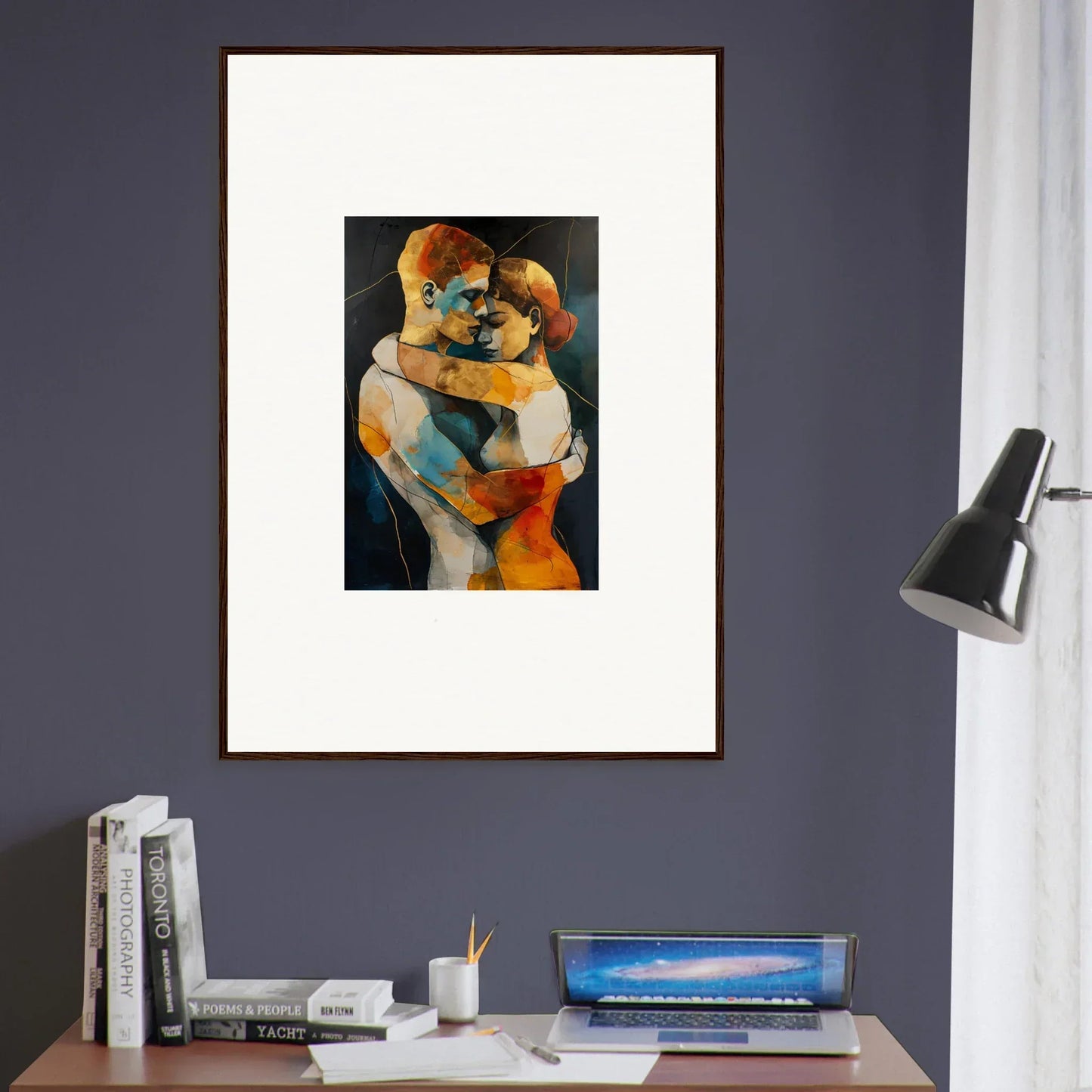 Framed wall art depicting two embracing figures in warm colors for bondscreen embrace decor