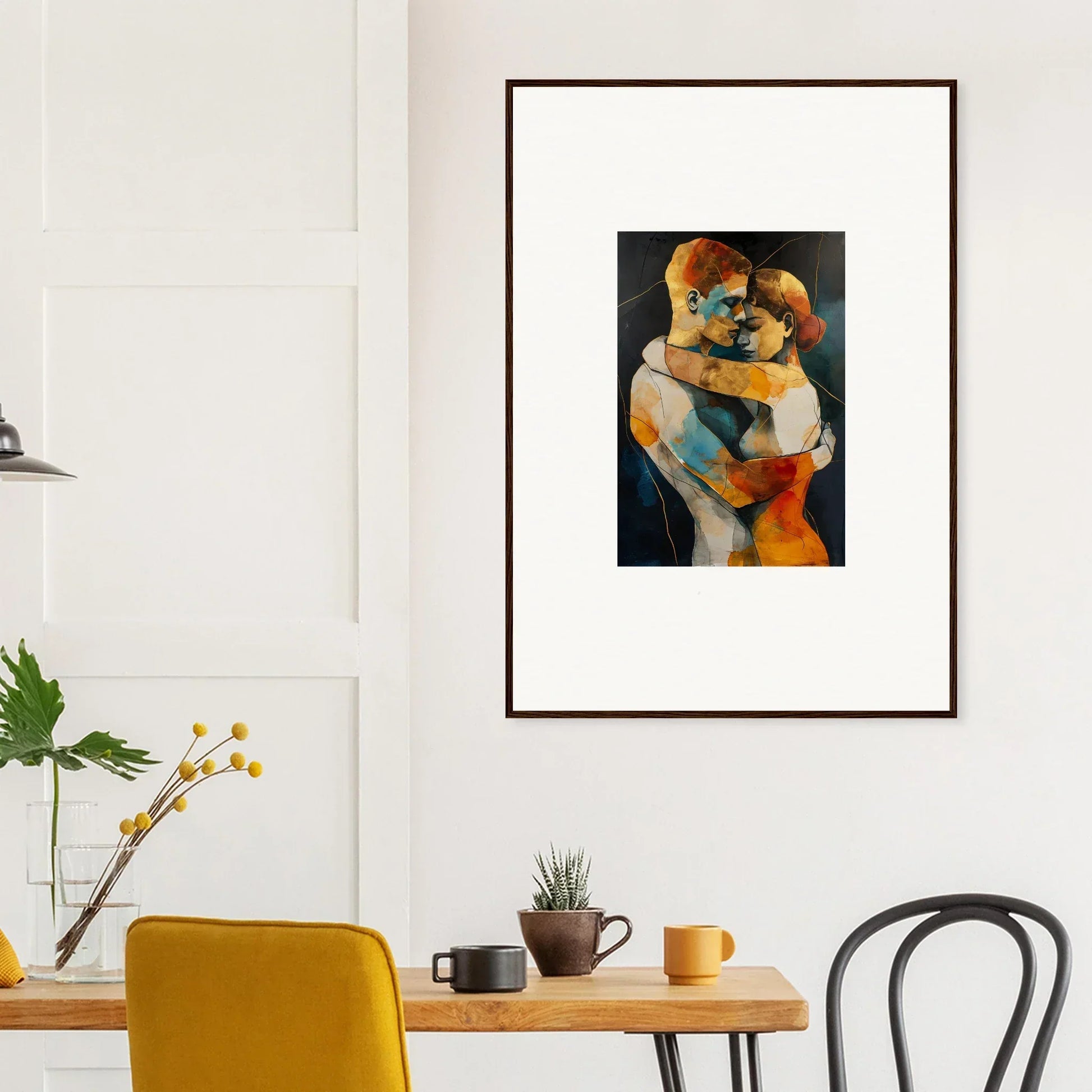 Framed wall art of vibrant embracing figures for unique room decor, bondscreen embrace