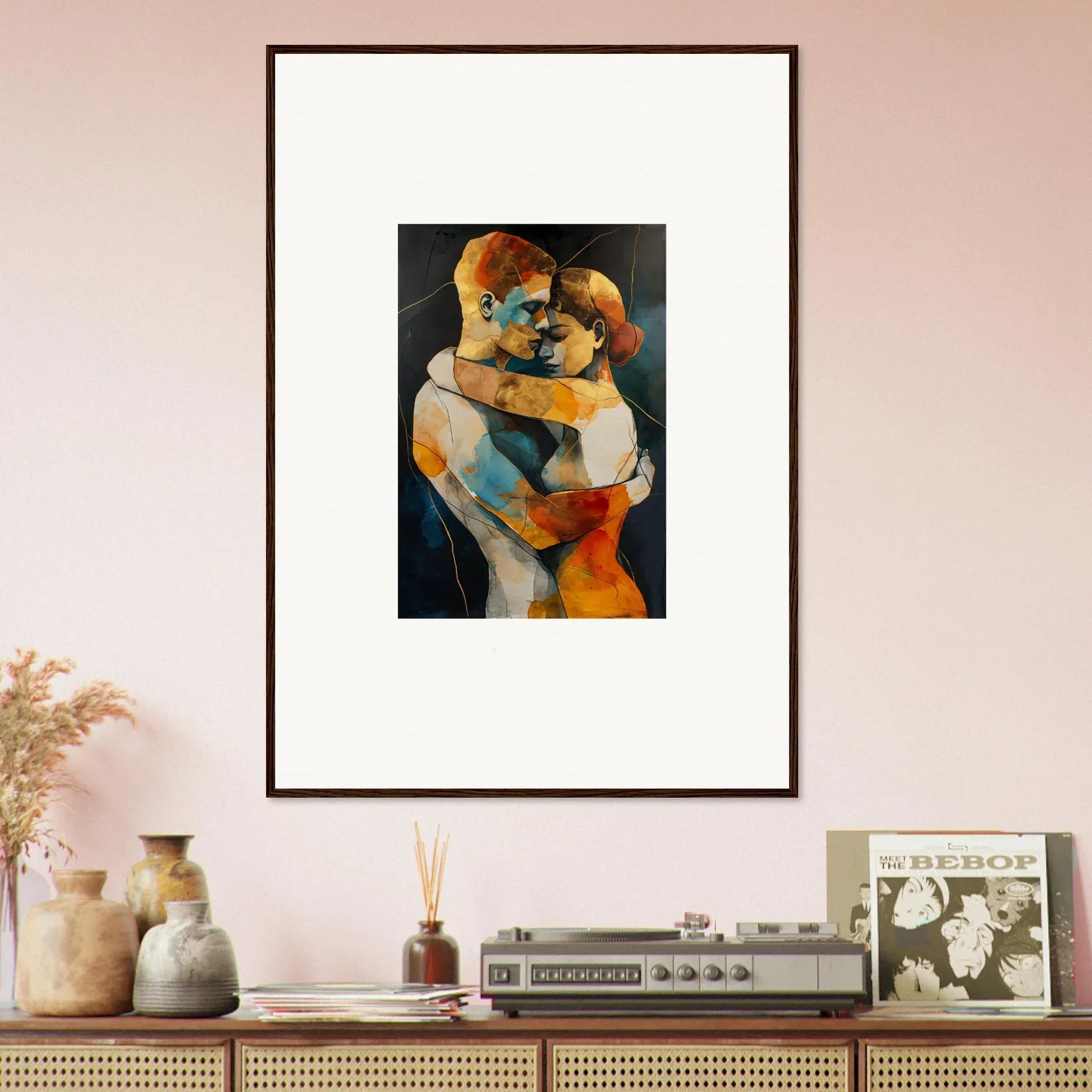 Framed wall art of vibrant figures symbolizing bondscreen embrace for room decor