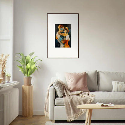 Framed wall art of two embracing figures in warm colors for bondscreen embrace room decor