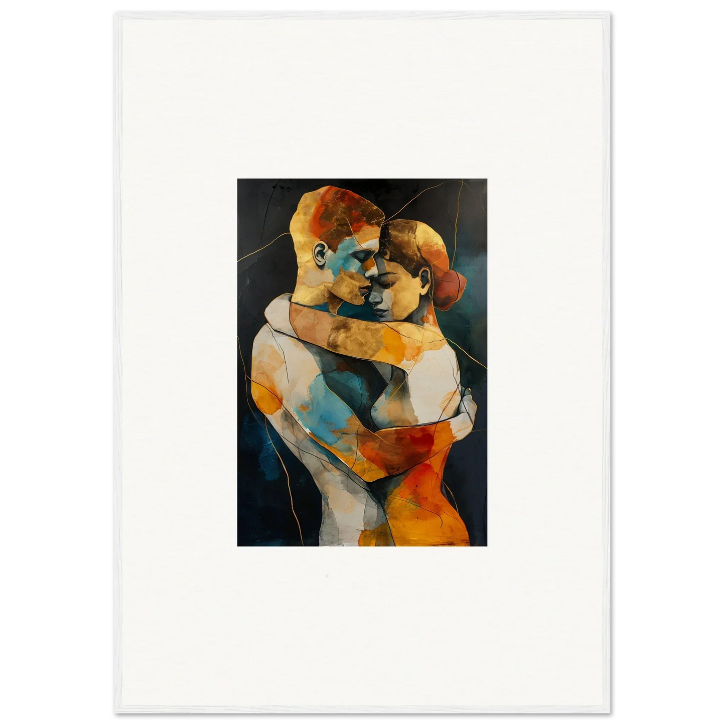 Abstract painting of two embracing figures in vibrant colors for Bondscreen Embrace wall art