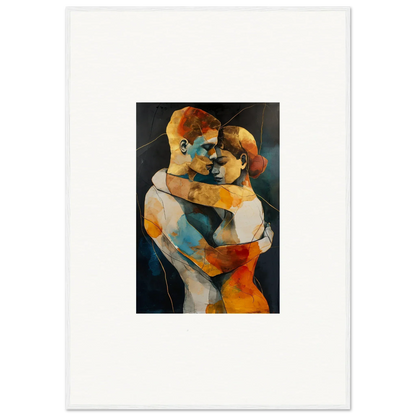 Abstract painting of two embracing figures in vibrant colors for Bondscreen Embrace wall art