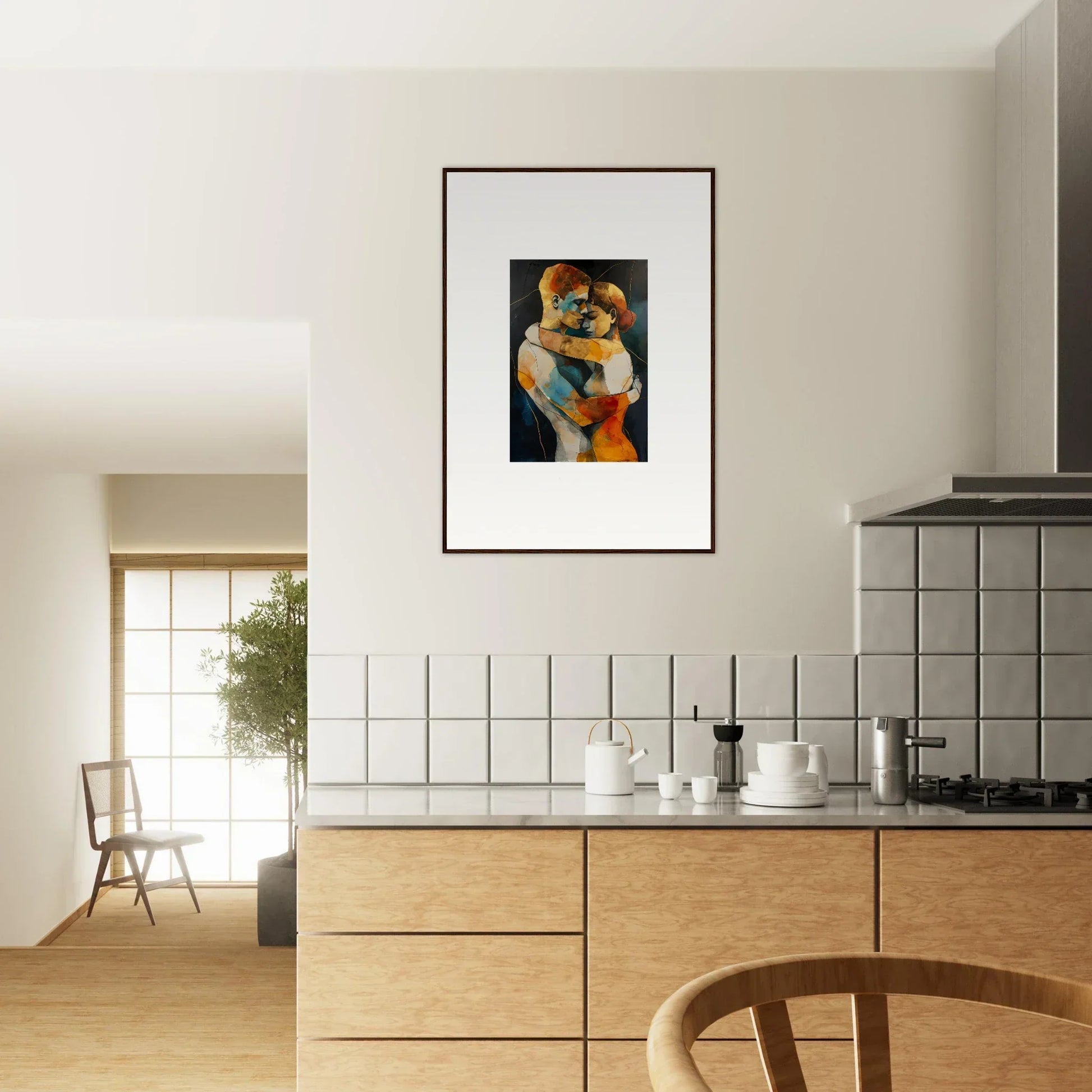 Framed wall art of vibrant abstract embracing figures for stylish room decor