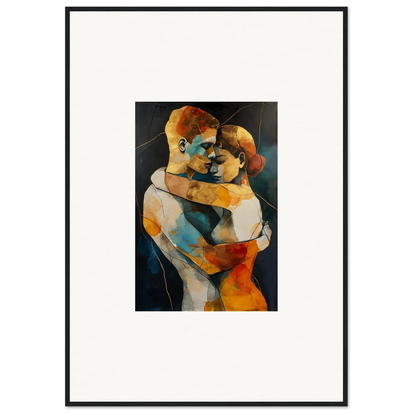 Abstract painting of two embracing figures in colorful geometric shapes for room decor