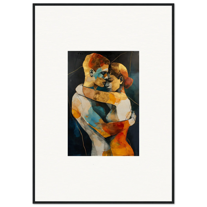 Abstract painting of two embracing figures in colorful geometric shapes for room decor