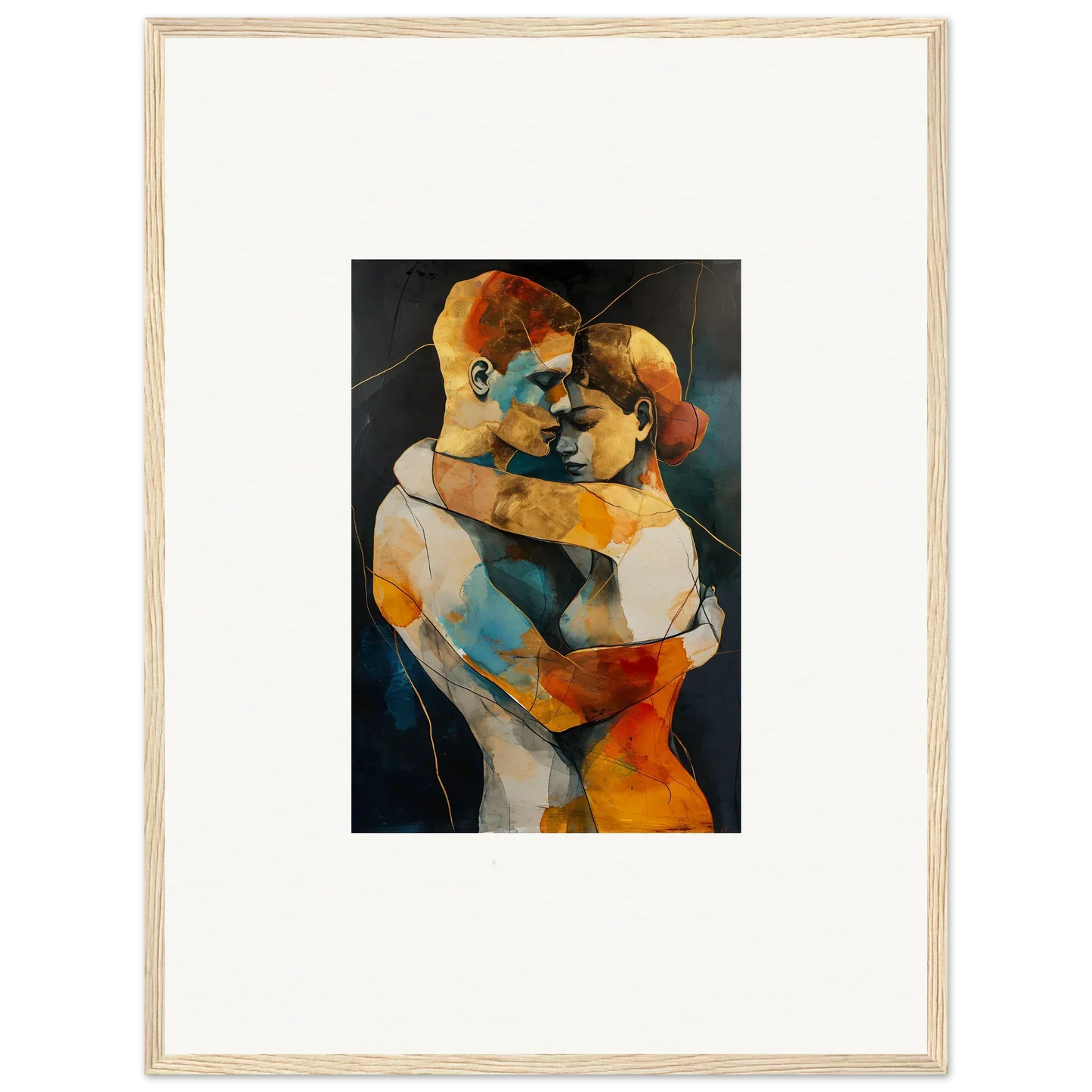 Abstract painting of two embracing figures for stylish room decor and framed wall art