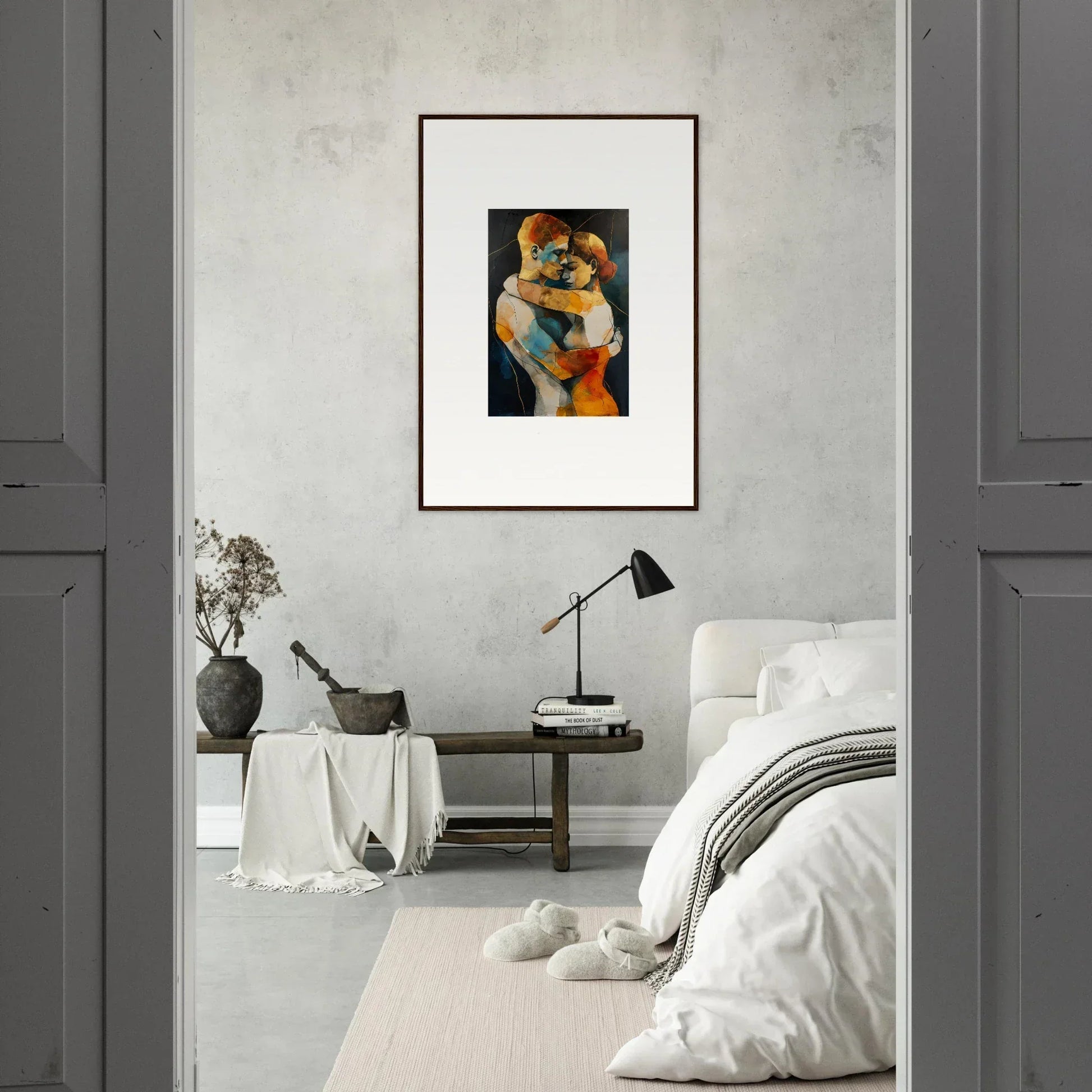 Framed wall art of embracing figures in warm tones for stylish room decor, Bondscreen Embrace