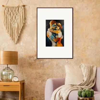 Framed wall art of two embracing figures in vibrant colors for stylish room decor