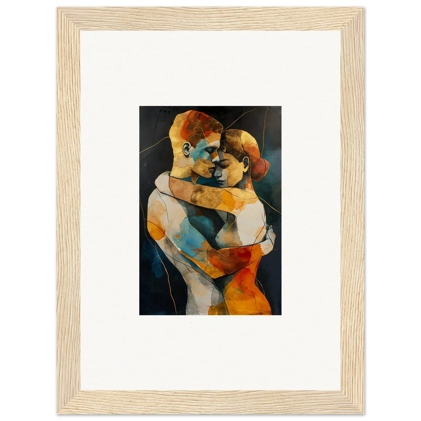 Framed wall art of vibrant embracing figures in the Ephemeral Bondscreen Embrace