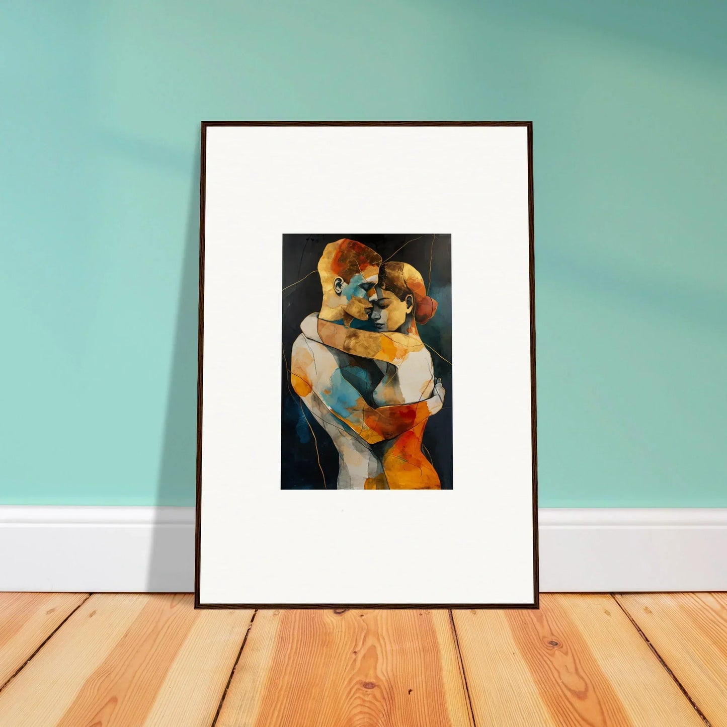 Framed wall art of abstract colorful human figure in bondscreen embrace for room decor