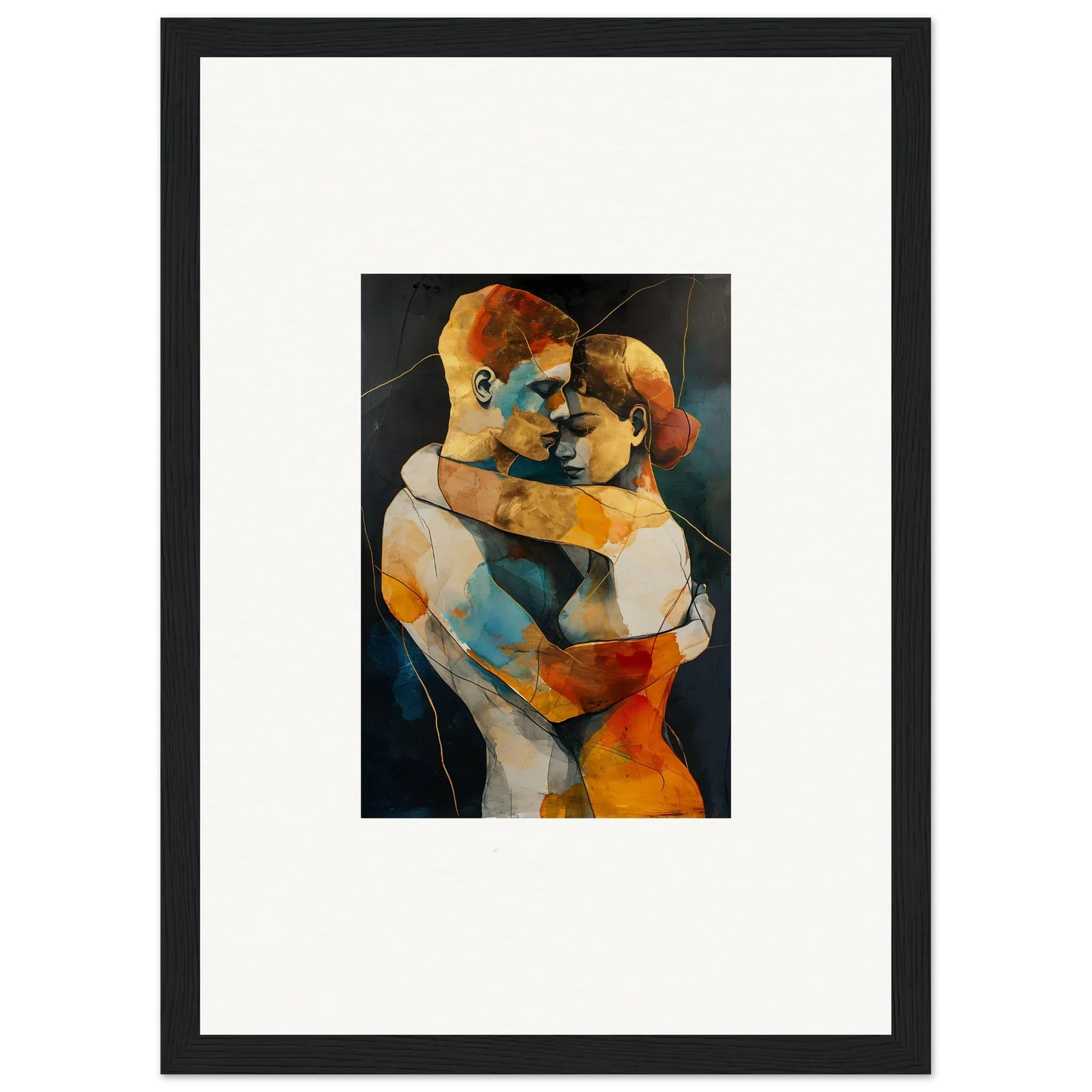 Abstract painting of two embracing figures in vibrant colors for Bondscreen Embrace room decor