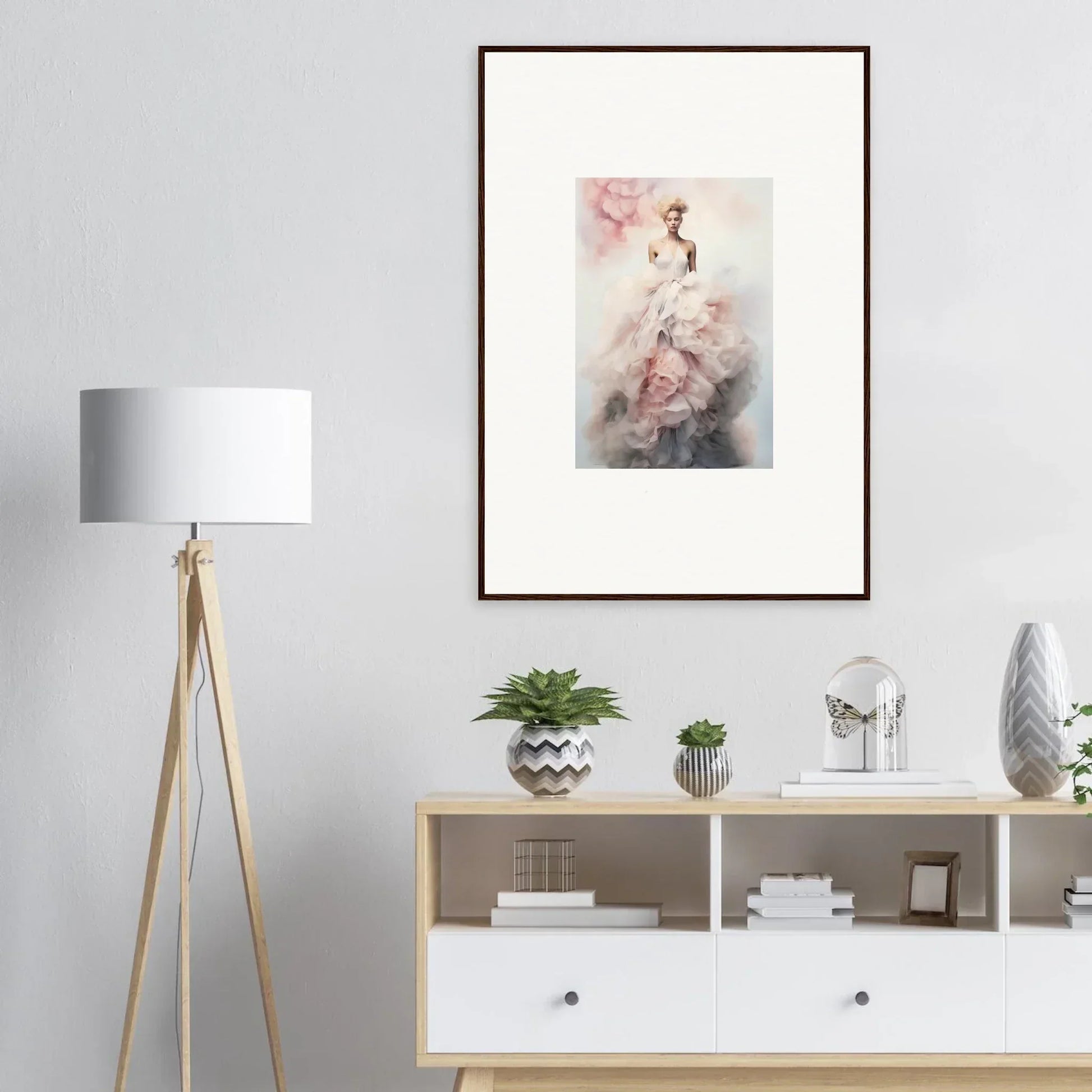 Framed watercolor of a figure in a pink dress, part of Ephemeral Corsage Aurora art