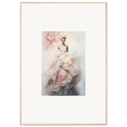 Framed watercolor of Ephemeral Corsage Aurora in a flowing white gown with pink accents