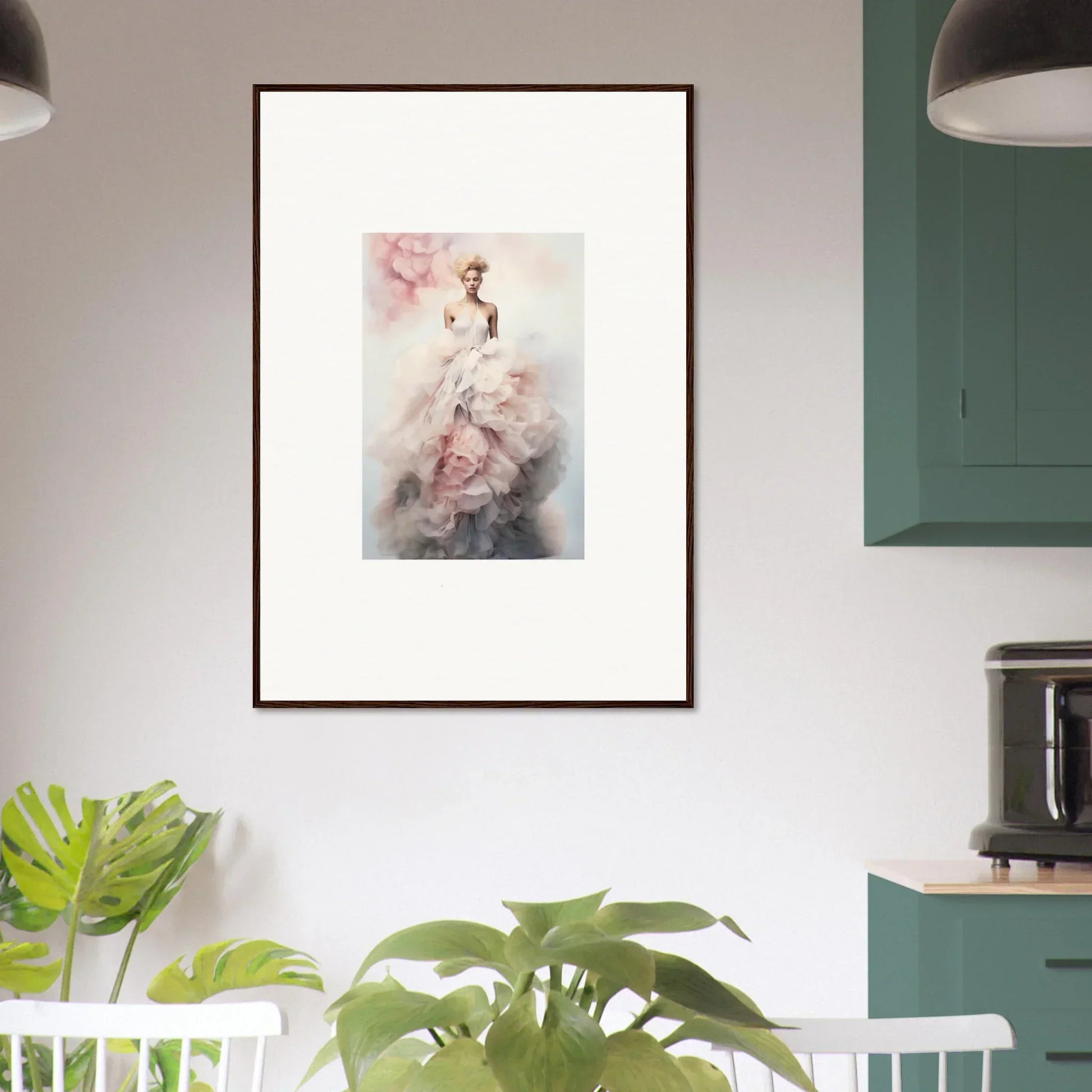 Framed watercolor of a figure in a pink dress from Ephemeral Corsage Aurora