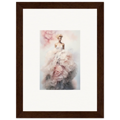 Framed watercolor art of a figure in a pink and white gown, Ephemeral Corsage Aurora