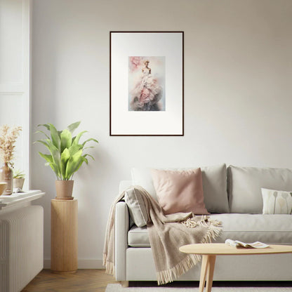 Light gray sofa with pink and beige pillows, perfect for Ephemeral Corsage Aurora art™