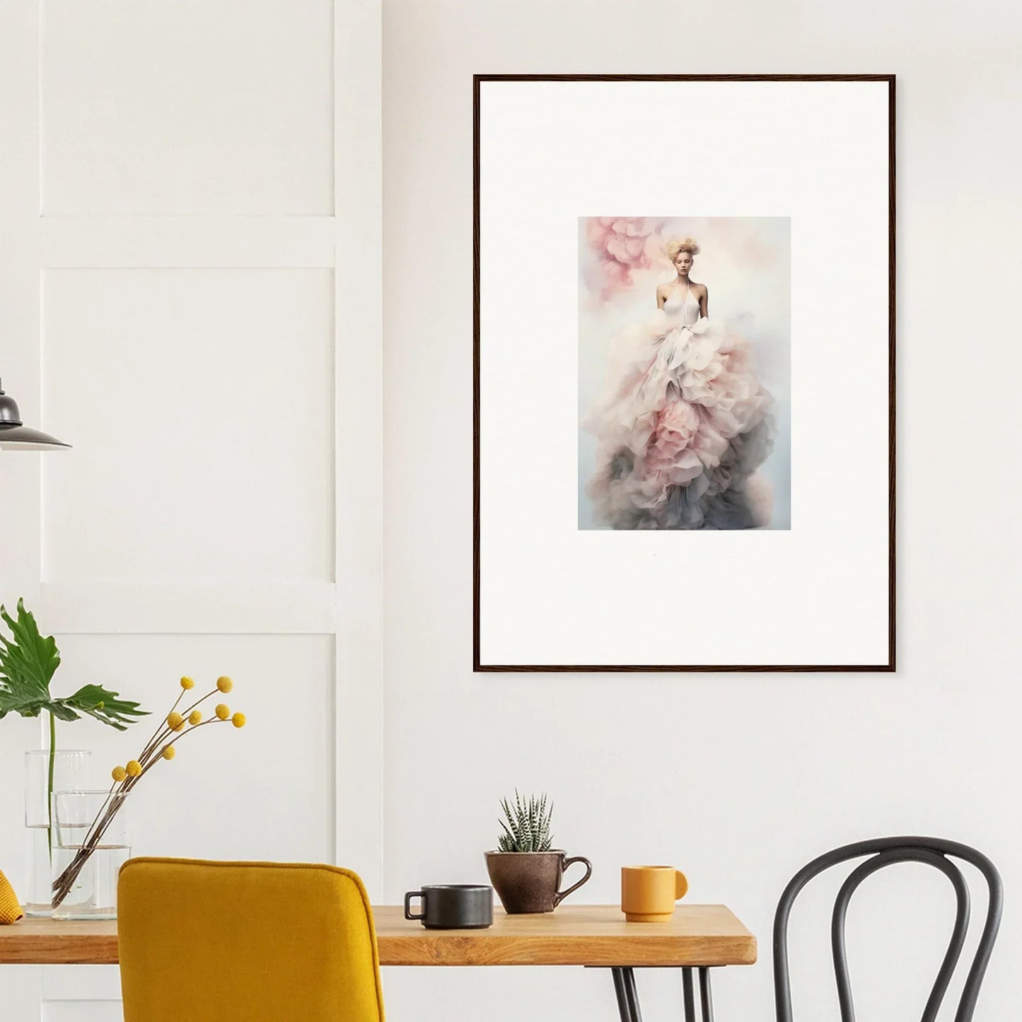 Framed watercolor artwork featuring a figure in a flowing pink dress, Ephemeral Corsage Aurora