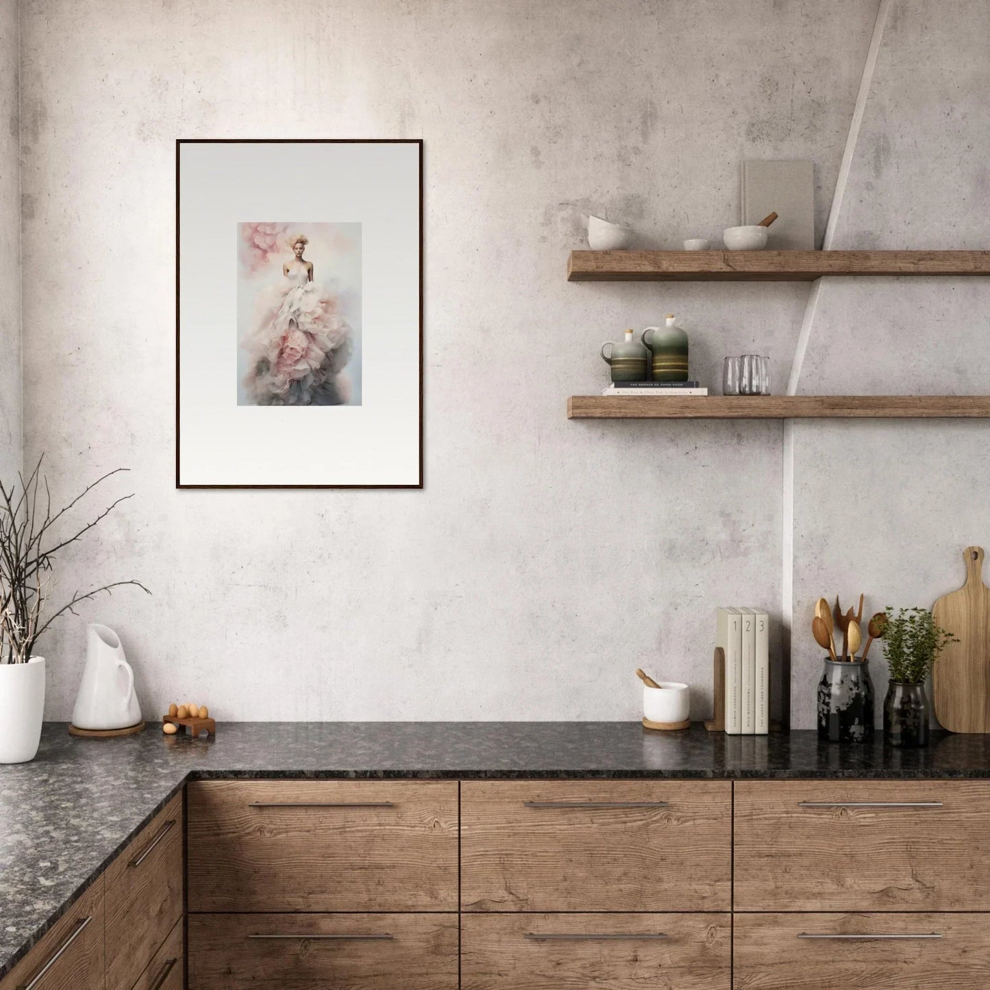 Modern kitchen with wooden cabinets and dark stone countertops - Ephemeral Corsage Aurora design