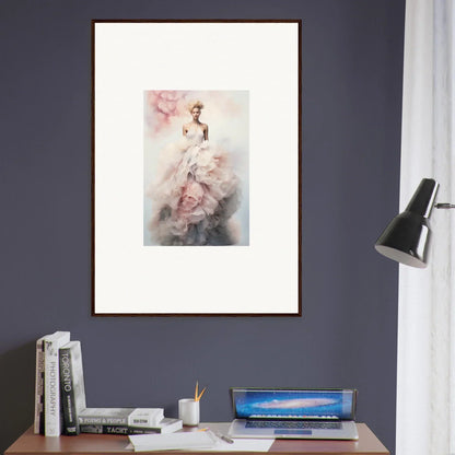 Framed watercolor art of flowing pink and gray figures in Ephemeral Corsage Aurora