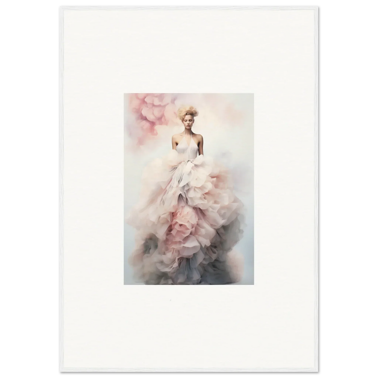 Ethereal watercolor of a white wedding gown with pink flowers from Ephemeral Corsage Aurora