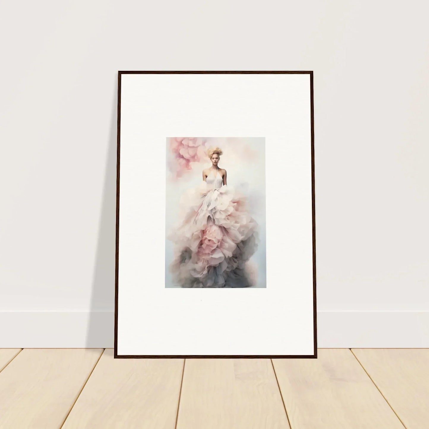 Framed watercolor of a figure in a pink dress, part of the Ephemeral Corsage Aurora collection