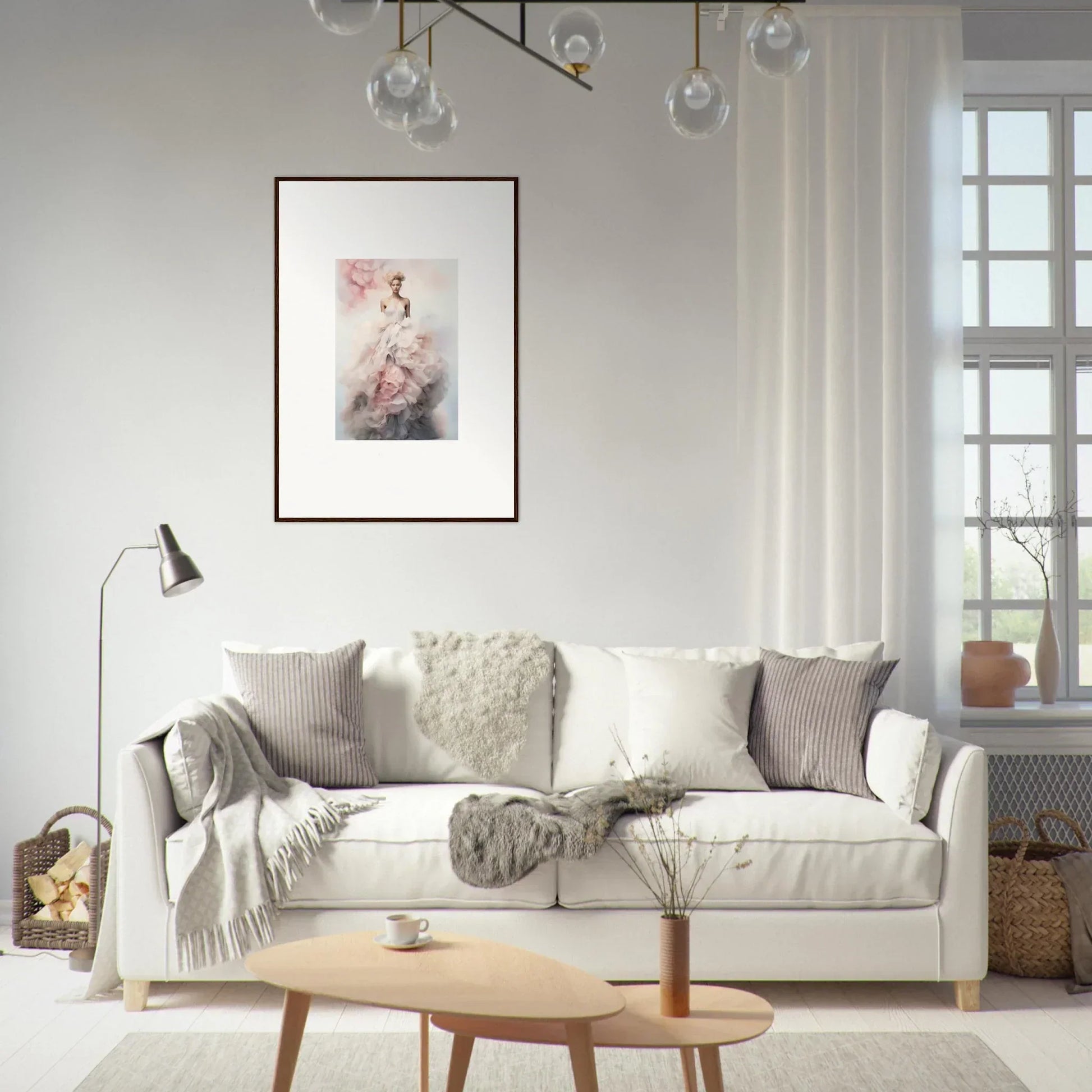 Cozy White Sofa with Gray and Cream Pillows in Ephemeral Corsage Aurora Collection