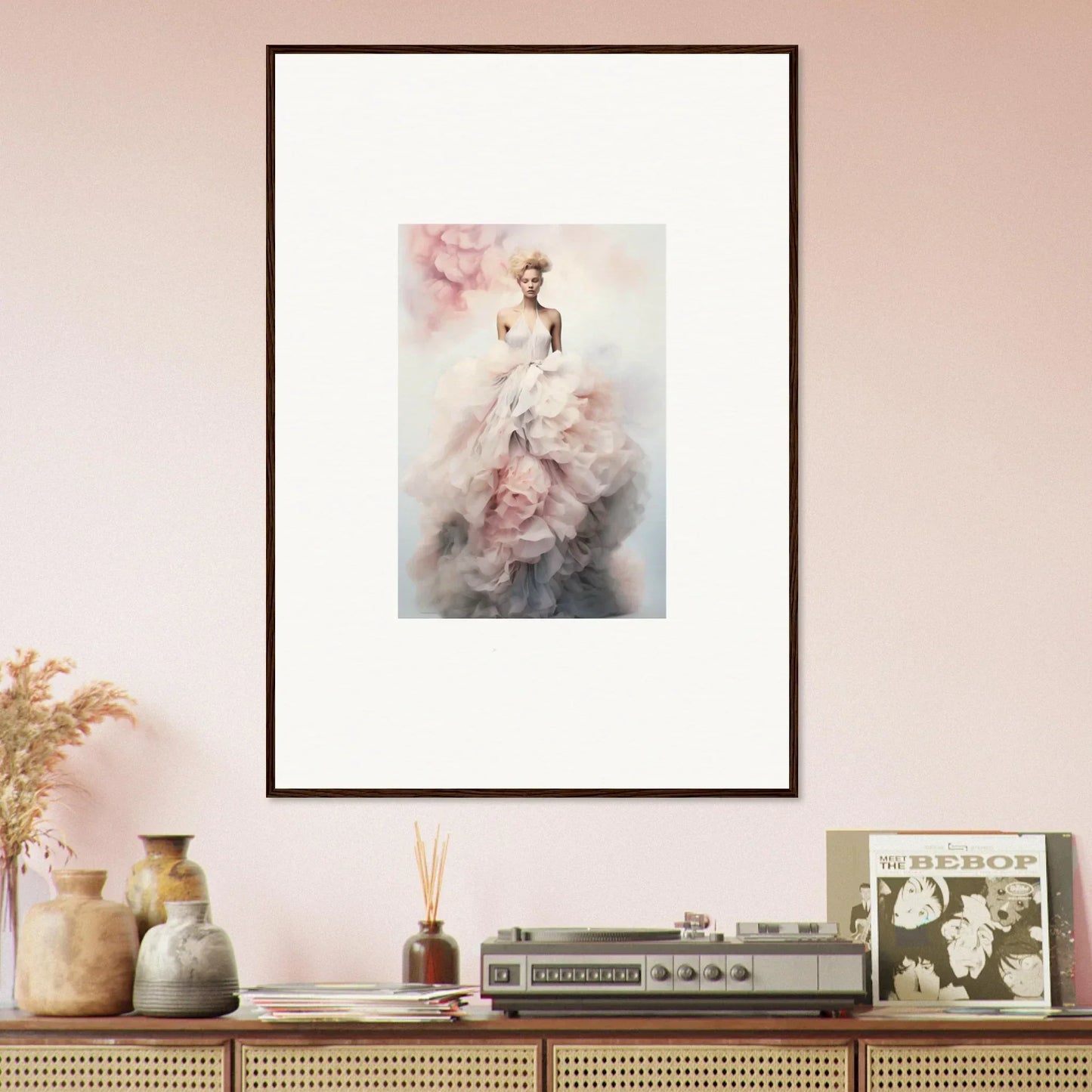 Framed watercolor of a dreamy figure in a pink dress, Ephemeral Corsage Aurora artwork