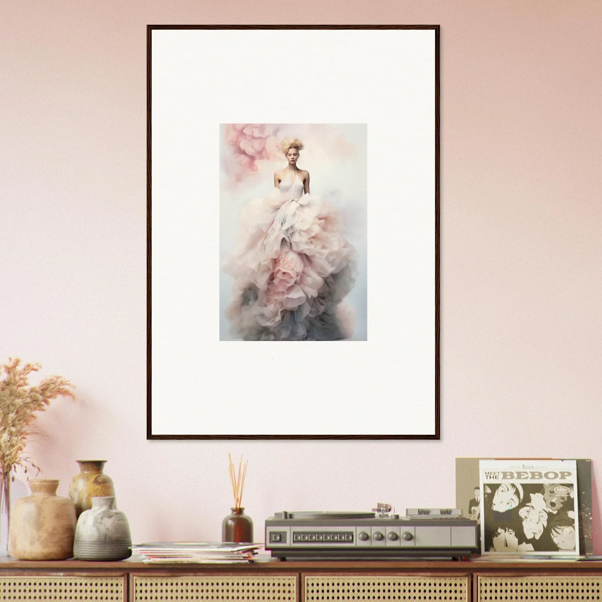 Framed watercolor of a dreamy figure in a pink dress, Ephemeral Corsage Aurora artwork